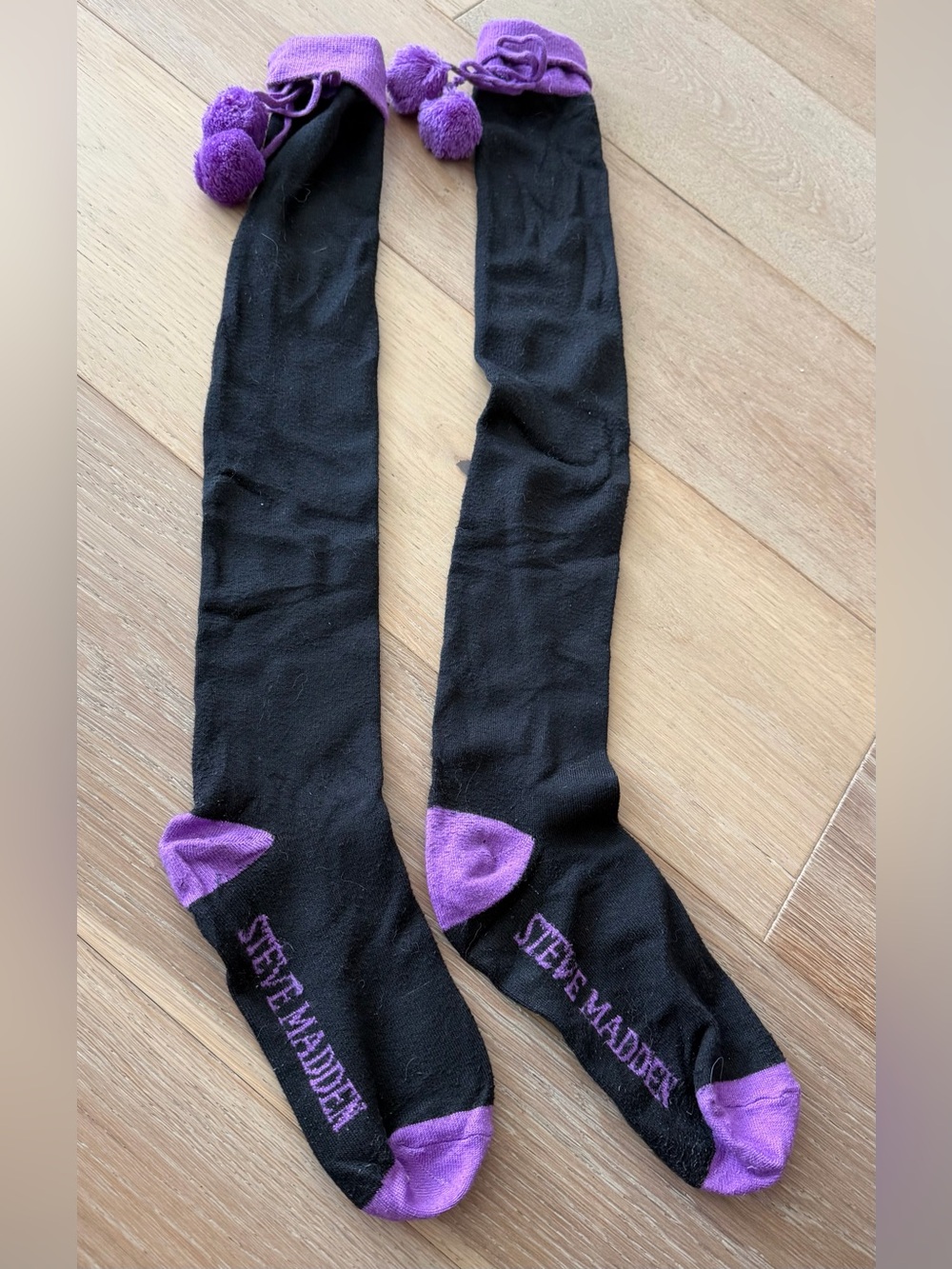 Steve Madden Tall Black/Purple Pom Pom Boot Socks